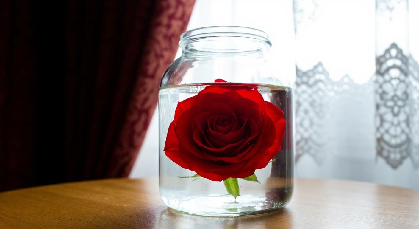 A vibrant red rose suspended in a glass jar filled with a clear, glistening glycerin solution, its petals perfectly preserved under soft, diffused light in a cozy Turkish home with lace curtains.