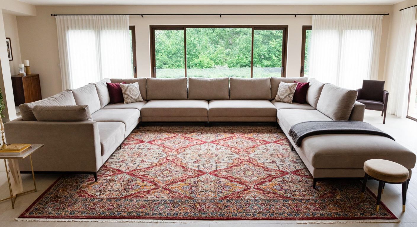 A spacious Turkish living room with a large L-shaped sofa in neutral tones, centered on a wide, patterned rug that extends slightly beyond the sofa’s edges, creating a harmonious and inviting atmosphere.