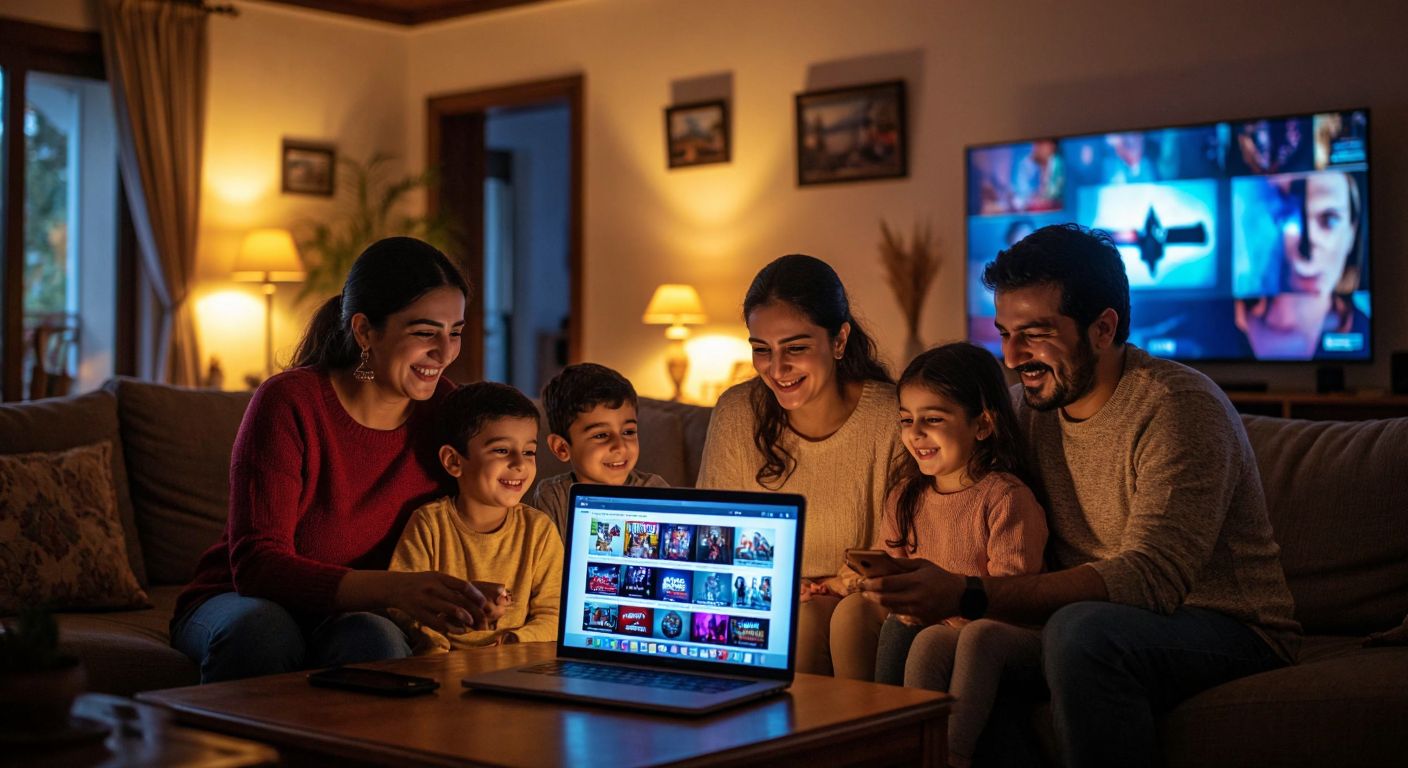A cozy Turkish living room with a family gathered around a glowing laptop screen, smiling as they browse a colorful selection of movie and TV show thumbnails on a streaming platform.