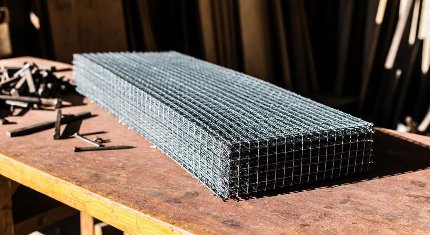 A close-up of a sturdy, galvanized wire mesh with visible thickness variations, resting on a sunlit wooden table in a Turkish workshop, surrounded by scattered metal tools.