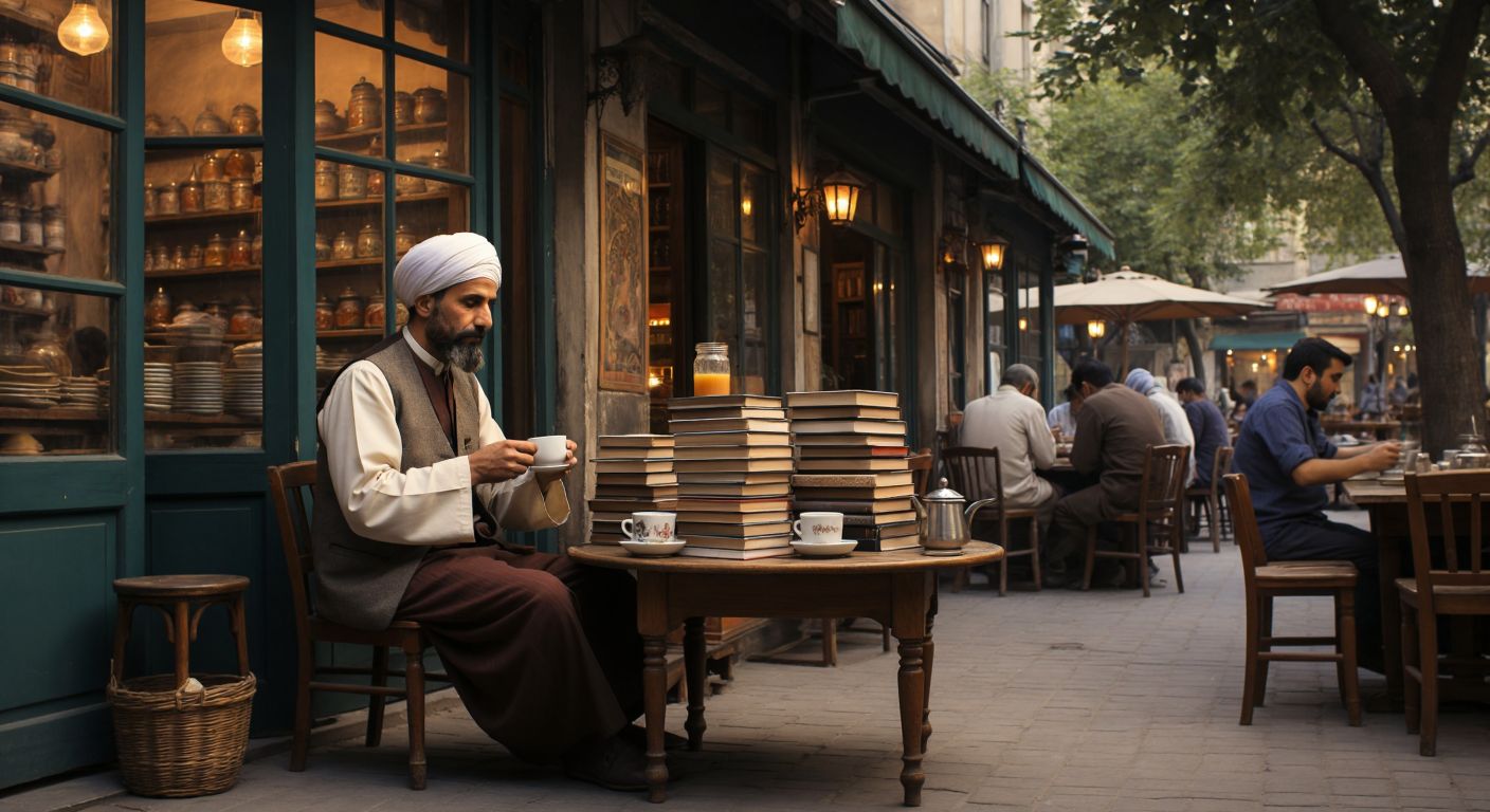 A serene Turkish coffeehouse at dusk, where a relaxed man in traditional attire sips coffee while effortlessly balancing a stack of neatly arranged books on a small wooden table, symbolizing focused effort and simplicity.