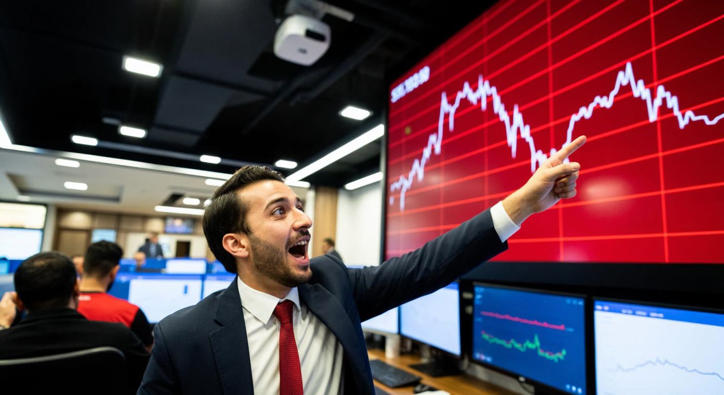 A Turkish trader in a bustling Istanbul stock exchange, eyes wide with excitement, pointing at a glowing red stock chart soaring upwards against a backdrop of the Bosphorus.