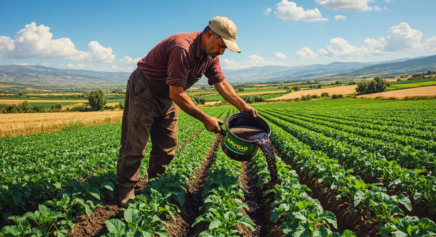 A Turkish farmer in a sunlit field carefully pours dark liquid fertilizer from an Avagro-branded container onto vibrant green crops, with a backdrop of rolling farmland and distant mountains.