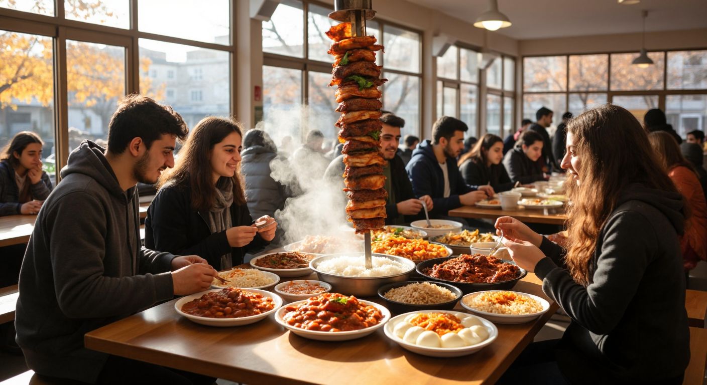 A bustling university canteen in Turkey with students chatting at wooden tables, trays filled with steaming plates of kuru fasulye and pilav, mantı topped with yogurt, golden börek slices, and a vendor slicing juicy döner kebap from a vertical spit.