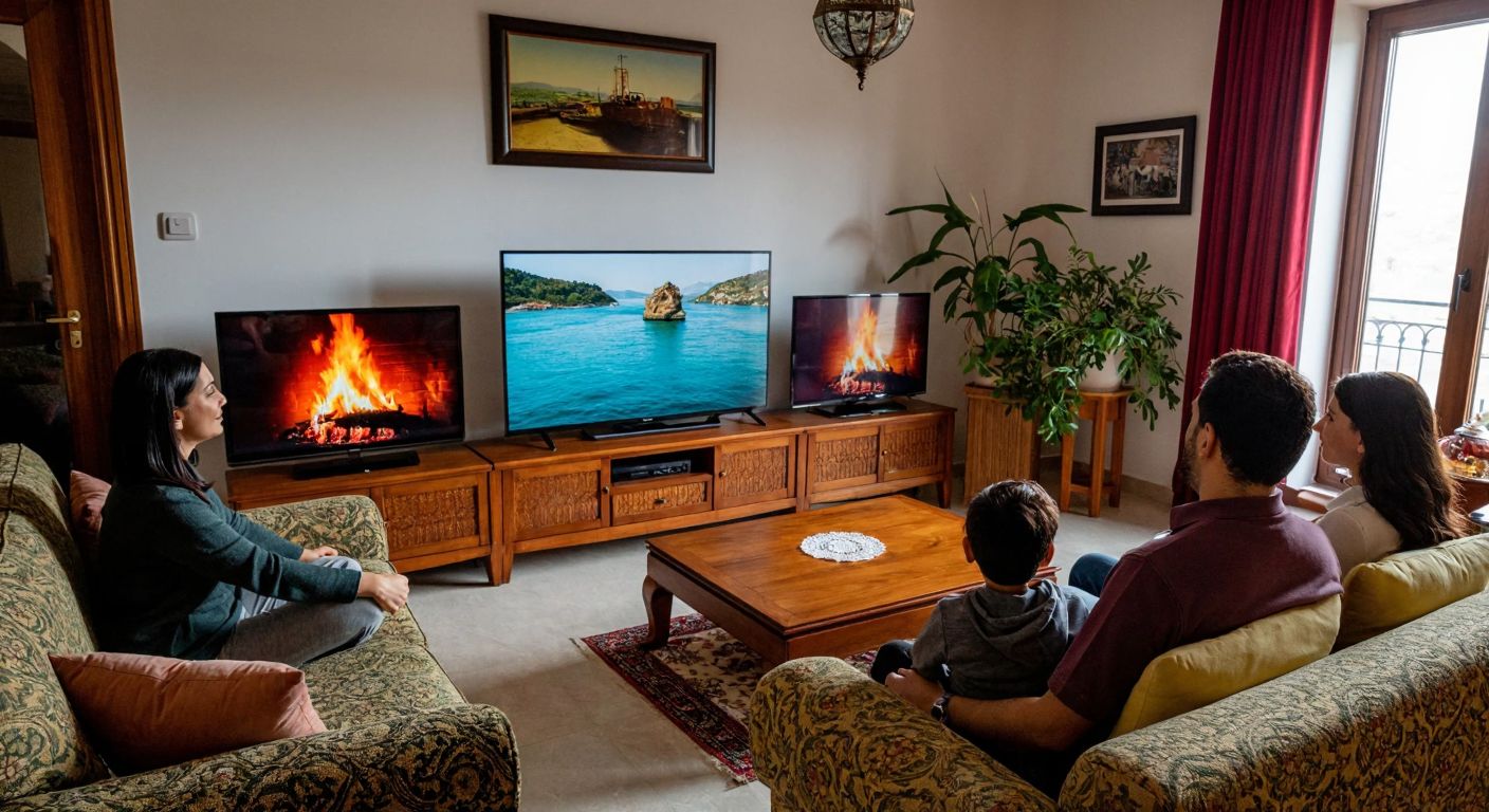 A cozy Turkish living room with two televisions side by side—one noticeably larger (75-inch) and the other smaller (65-inch)—placed on a wooden cabinet, with a family sitting on a patterned sofa, their eyes wide in awe as they compare the screens.