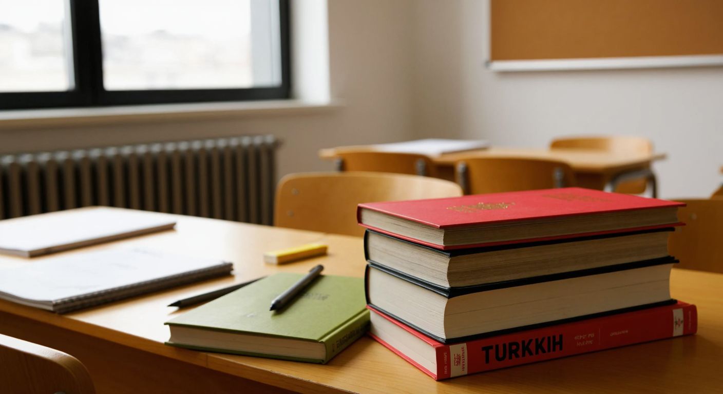 A stack of thick, well-worn Turkish history textbooks with a bright red cover sits on a wooden classroom desk, surrounded by scattered notebooks and a pencil case.