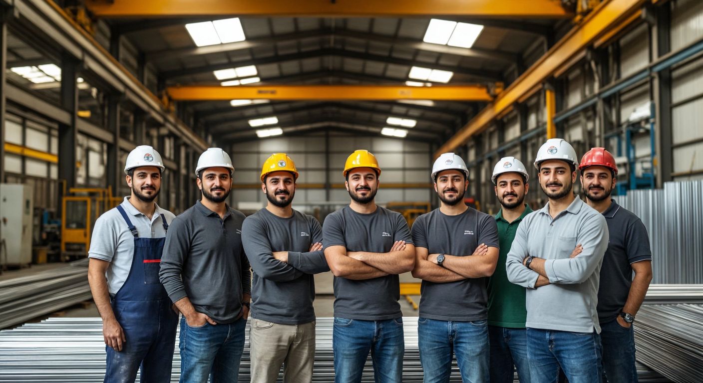 A group of determined Turkish entrepreneurs in hard hats and workwear stand proudly in front of a stainless steel factory in Bursa, surrounded by gleaming metal sheets and industrial machinery.