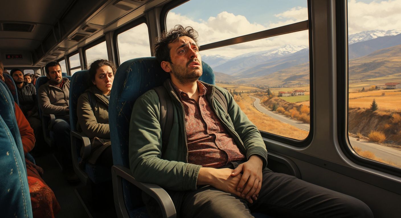 A distressed passenger clutching their stomach on a crowded Turkish intercity bus, anxiously glancing toward the driver while other travelers nap or gaze out the window at rolling Anatolian hills.
