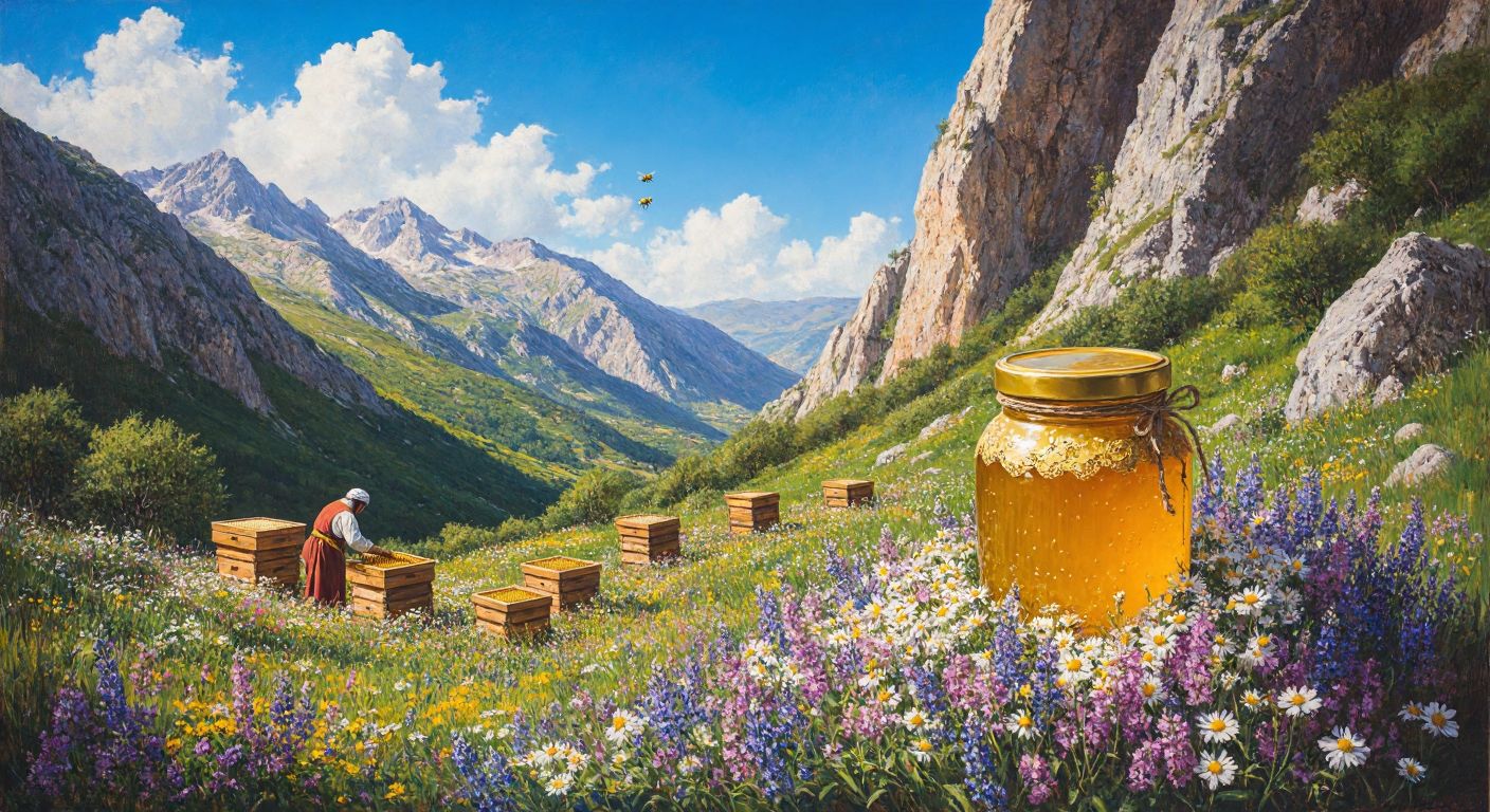 A golden jar of honey surrounded by wildflowers, nestled against the rugged green slopes of the Taurus Mountains under a bright blue sky, with a beekeeper in traditional Turkish attire tending to wooden hives nearby.