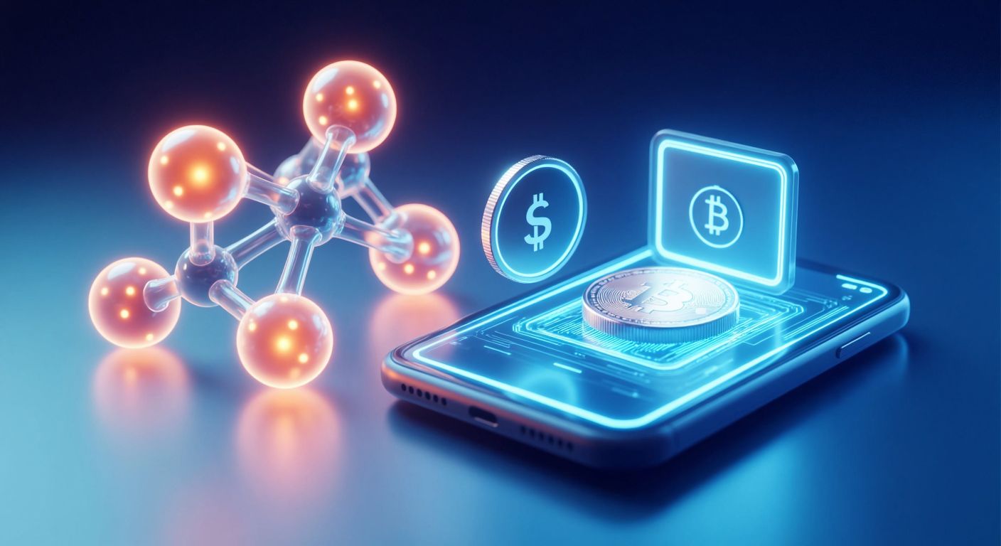 A glowing enzyme structure floats near a digital wallet icon, with a futuristic coin hovering between them, all set against a soft blue background.