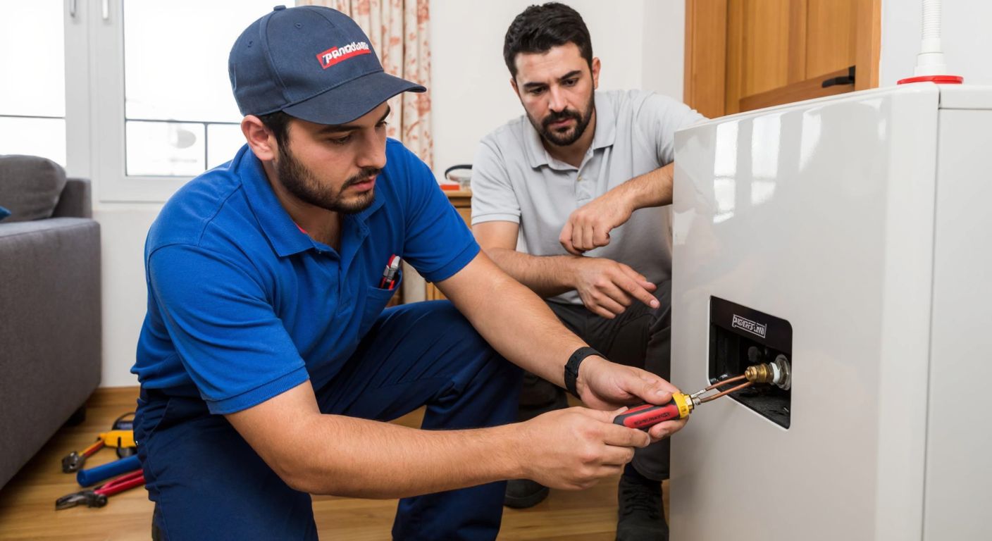 A focused Turkish technician in a blue uniform adjusts the pressure valve on a Protherm boiler in a cozy home, with tools scattered nearby and a concerned homeowner watching.