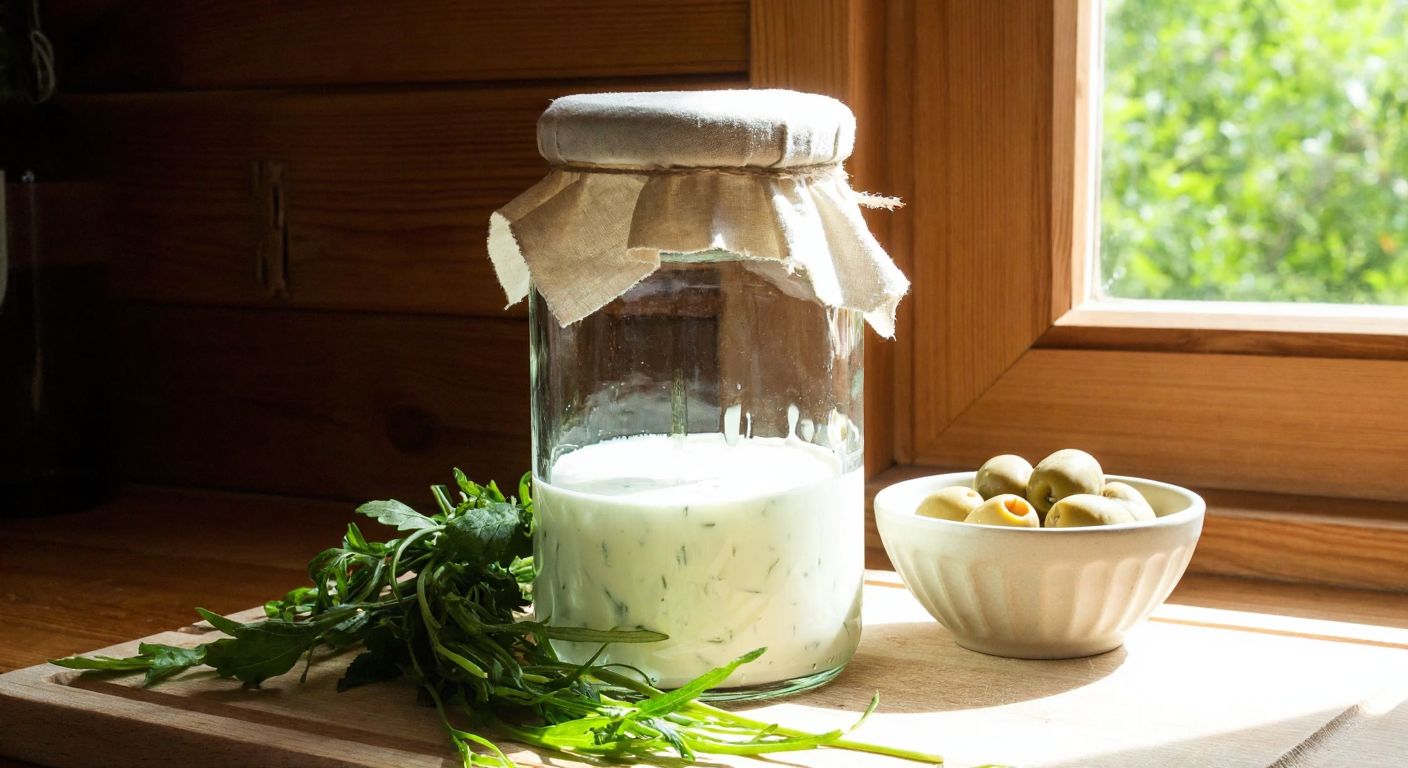 A rustic Turkish kitchen with a glass jar filled with a creamy yogurt and vinegar mixture, covered with a cloth, sitting on a wooden counter near a sunny window, surrounded by fresh herbs and a bowl of olives.
