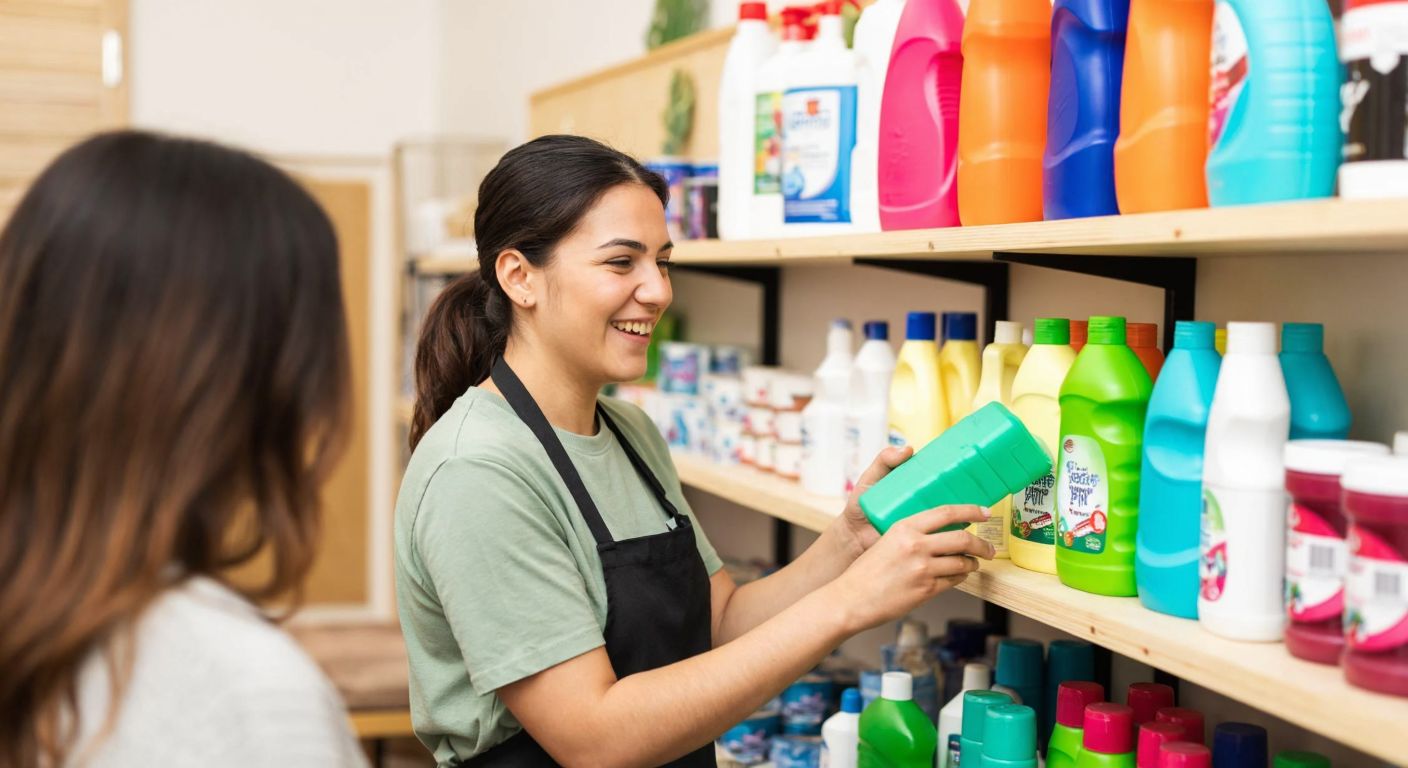A cheerful shopkeeper in a bright, tidy store in Turkey arranges colorful cleaning supplies on wooden shelves, smiling warmly at a customer.