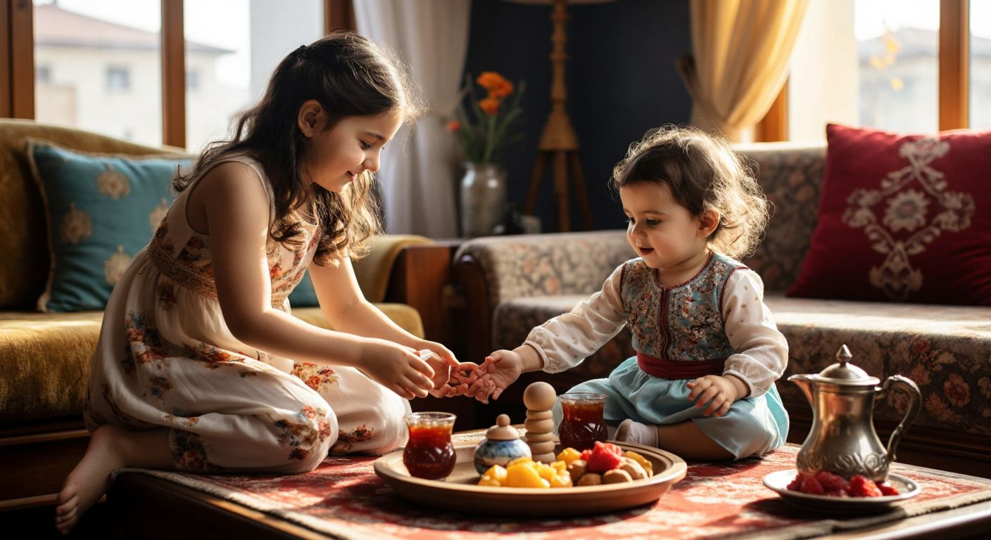 A warm Turkish living room with an older sister in a floral dress gently holding her toddler brother’s hand as they play with wooden toys near a low table set with çay and simit.  

(Note: The description avoids text, technology, and explicit content while incorporating Turkish cultural elements like çay, simit, and traditional clothing.)