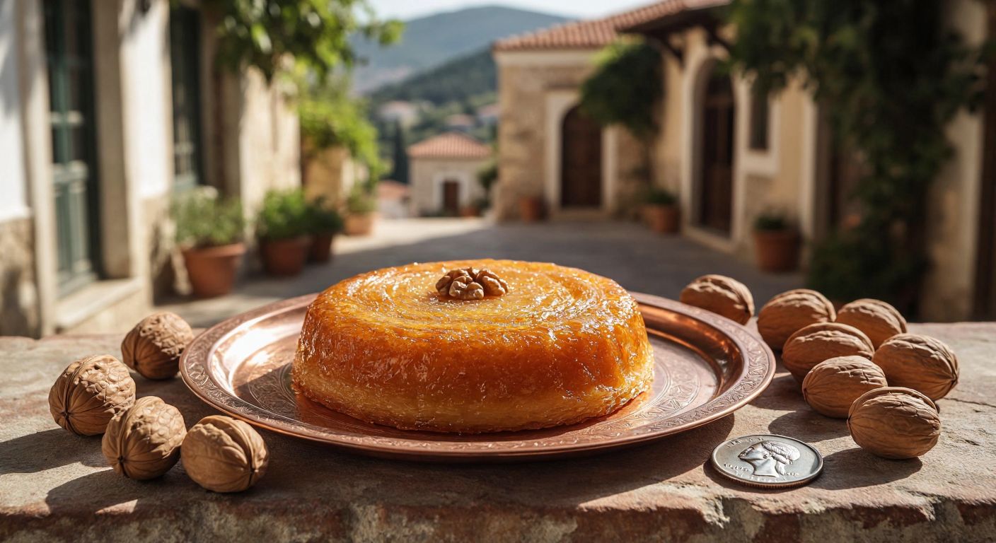 A golden, round Turkish dessert (Muğla Saraylısı) placed on an ornate copper tray, surrounded by fresh walnuts and a vintage silver coin, with a warm, sunlit Aegean village courtyard in the background.