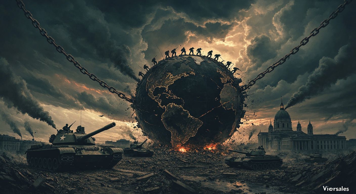 A dark, stormy sky looms over a fractured globe with shadowy figures of soldiers and tanks emerging from Germany, Italy, and Japan, while a heavy chain labeled "Versailles" drags down one side and crumbling buildings symbolize economic collapse.  

*(Note: The chain's label is implied by context but not visually depicted as text, adhering to the constraints.)*