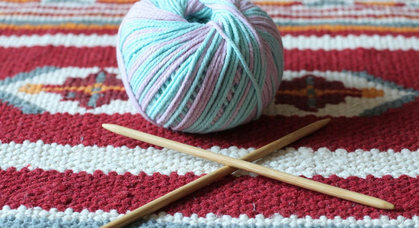A pair of wooden knitting needles (size 3) resting on a soft ball of Kartopu Lotus yarn in pastel colors, placed on a woven Turkish kilim.