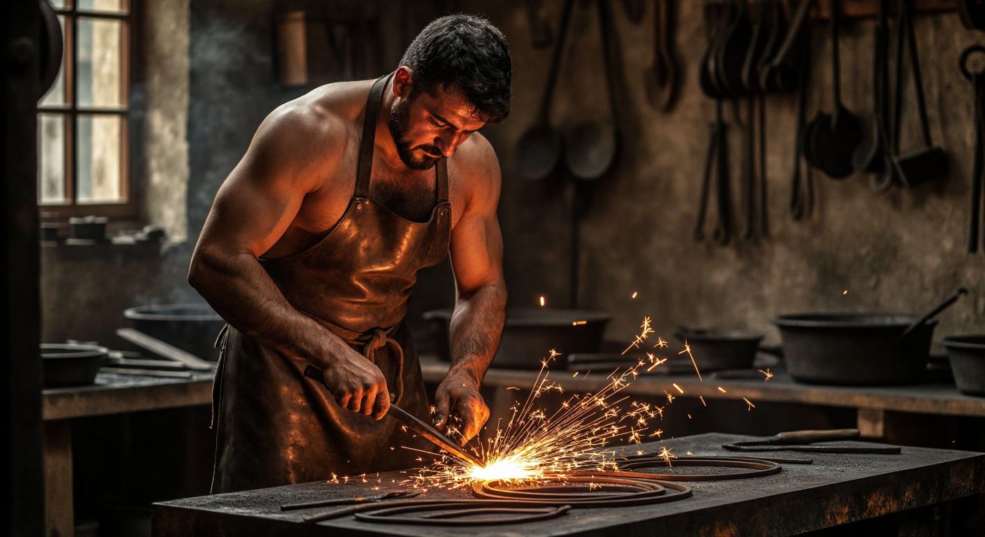A muscular blacksmith in a dimly lit Turkish workshop, wearing a leather apron, carefully bending glowing red-hot iron rods into interlocking rings with tongs, sparks flying around him.