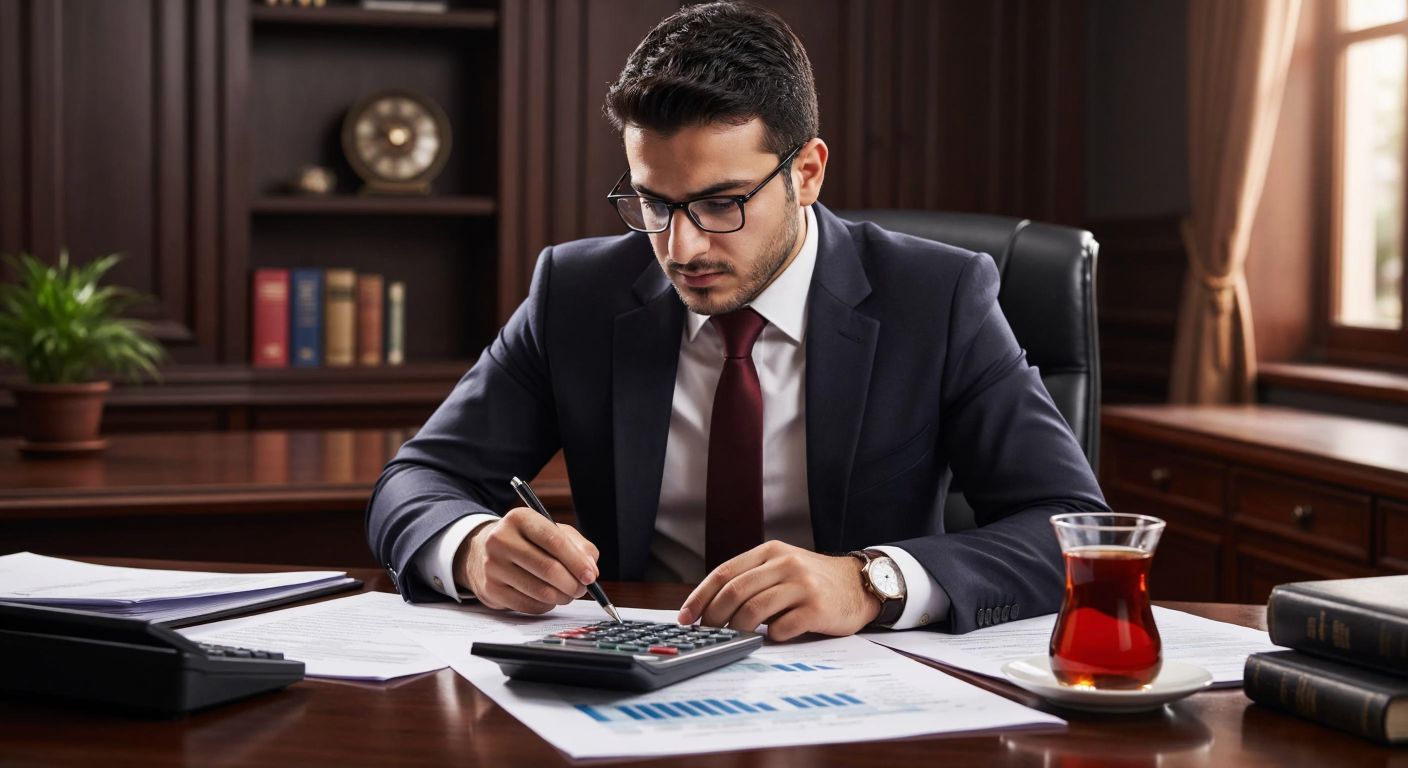 A Turkish accountant in a formal office setting, wearing glasses and a neat suit, carefully reviewing financial documents with a calculator and a steaming cup of Turkish tea on the desk.