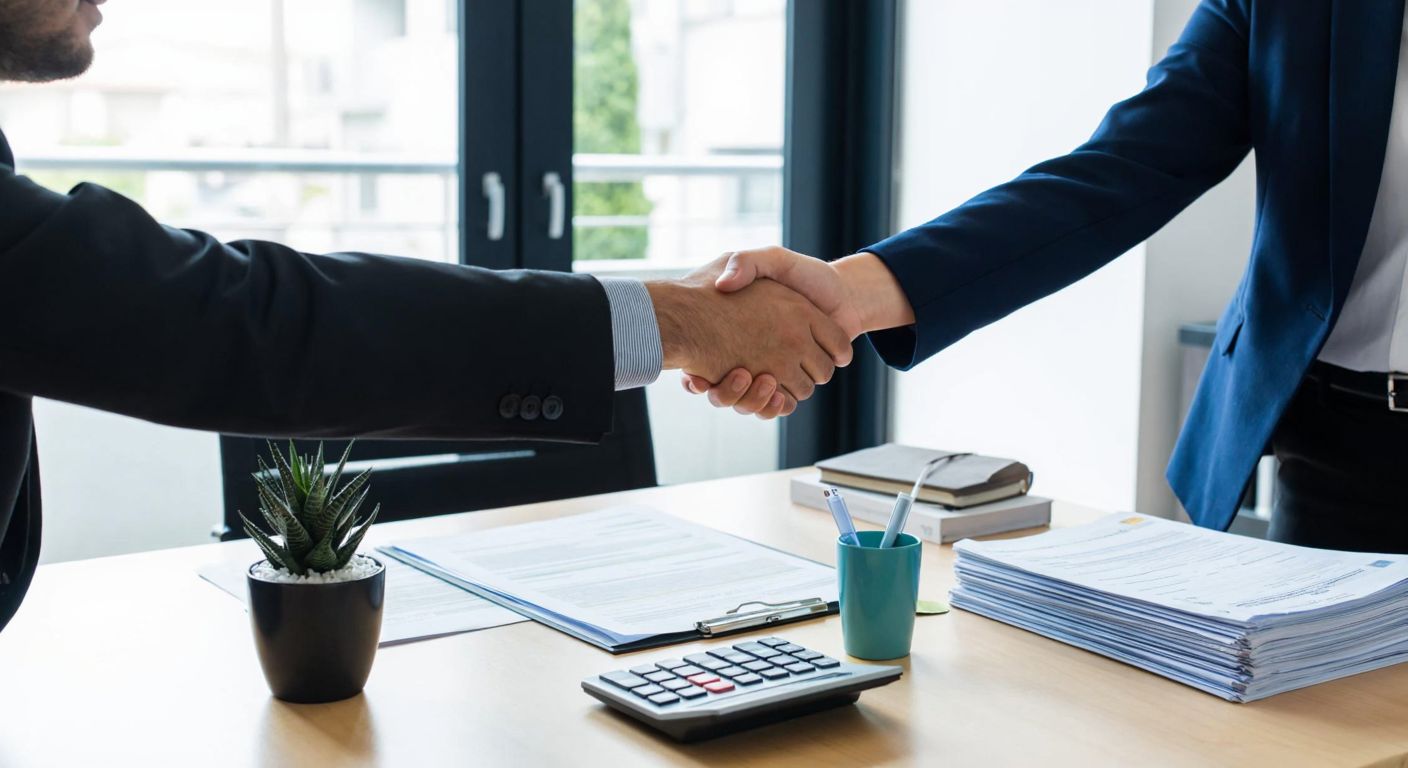 A confident Turkish business owner in a modern office shakes hands with a financial advisor, surrounded by stacks of documents, a calculator, and a small potted plant, symbolizing trust and growth for SMEs.