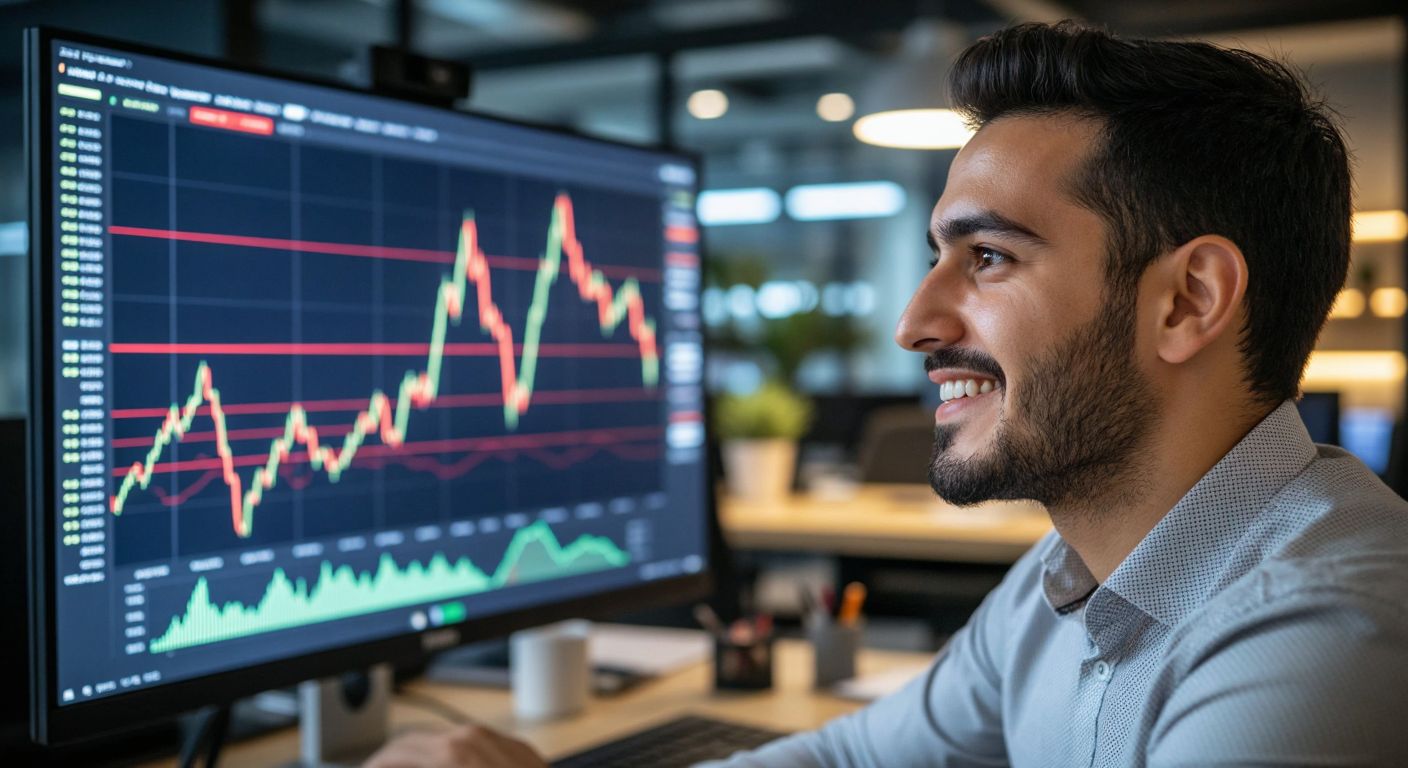 A Turkish investor in a modern office gazes intently at a glowing stock market chart on a monitor, with a confident smile as the line peaks at its highest point.