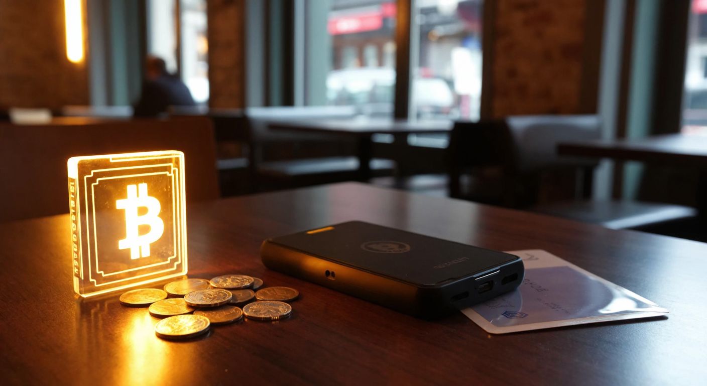 A sleek digital wallet glowing with a golden light rests on a wooden table in a modern Turkish café, surrounded by a small pile of coins and a translucent card, symbolizing secure and seamless crypto transactions.