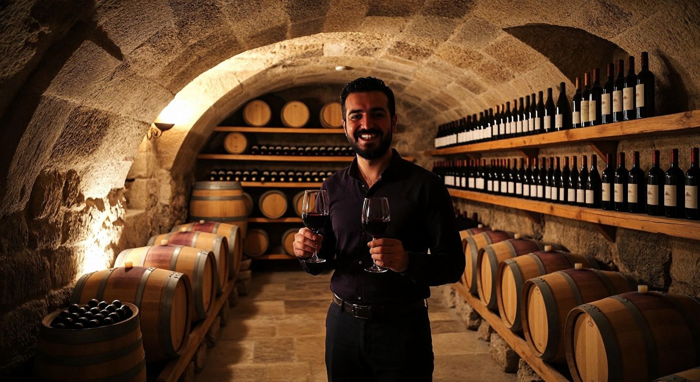 A cozy stone wine cellar in Cappadocia with wooden barrels, shelves of Mahzen Sarıkaya wine bottles, and a smiling Turkish host offering a glass of deep red wine to a delighted guest.