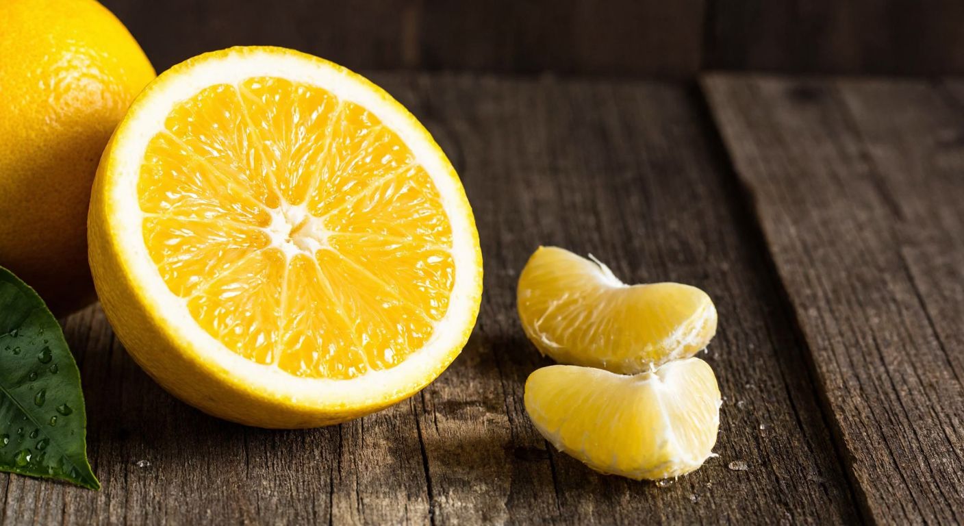 A vibrant yellow yuzu fruit sliced open on a rustic wooden table, with droplets of juice glistening and a few citrus segments scattered nearby, evoking its tangy, bittersweet aroma.