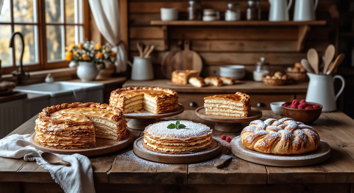 A rustic wooden table in a cozy kitchen displays an assortment of Russian pastries—layered honey cake (Medovik), golden-brown Pirog with a flaky crust, delicate Napoleon slices with creamy filling, small Syrniki pancakes dusted with powdered sugar, and a savory Kulebyaka with a braided top.