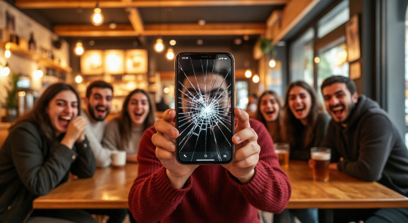 A mischievous person in Turkey holds up a smartphone displaying a realistic cracked screen wallpaper, grinning while friends around them react with shock and laughter in a cozy café.