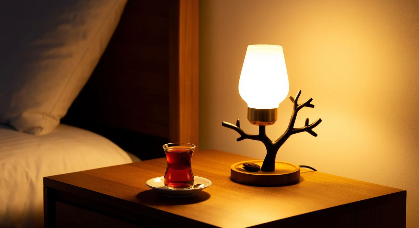 A warm wooden nightstand with a delicate tree-shaped lamp casting a soft golden glow, nestled beside a traditional Turkish ceramic cup of tea.
