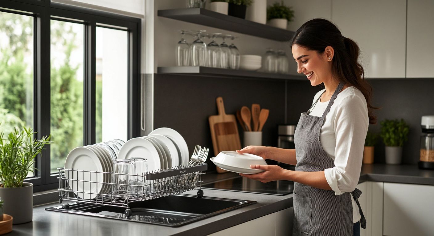 A modern Turkish kitchen with a sleek Regal-branded dishwasher humming quietly under a counter, surrounded by spotless plates and glasses drying on a rack, while a smiling middle-aged woman in an apron checks the clean dishes with satisfaction.