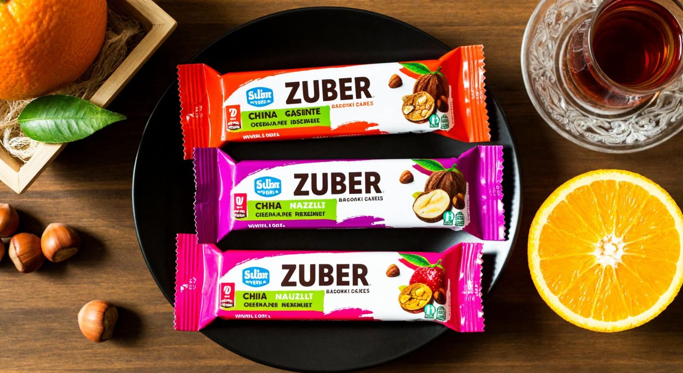 A vibrant display of three Züber snack bars—chia, hazelnut, and orange-flavored—neatly arranged on a wooden table with a Turkish tea glass nearby, evoking a wholesome snack moment.