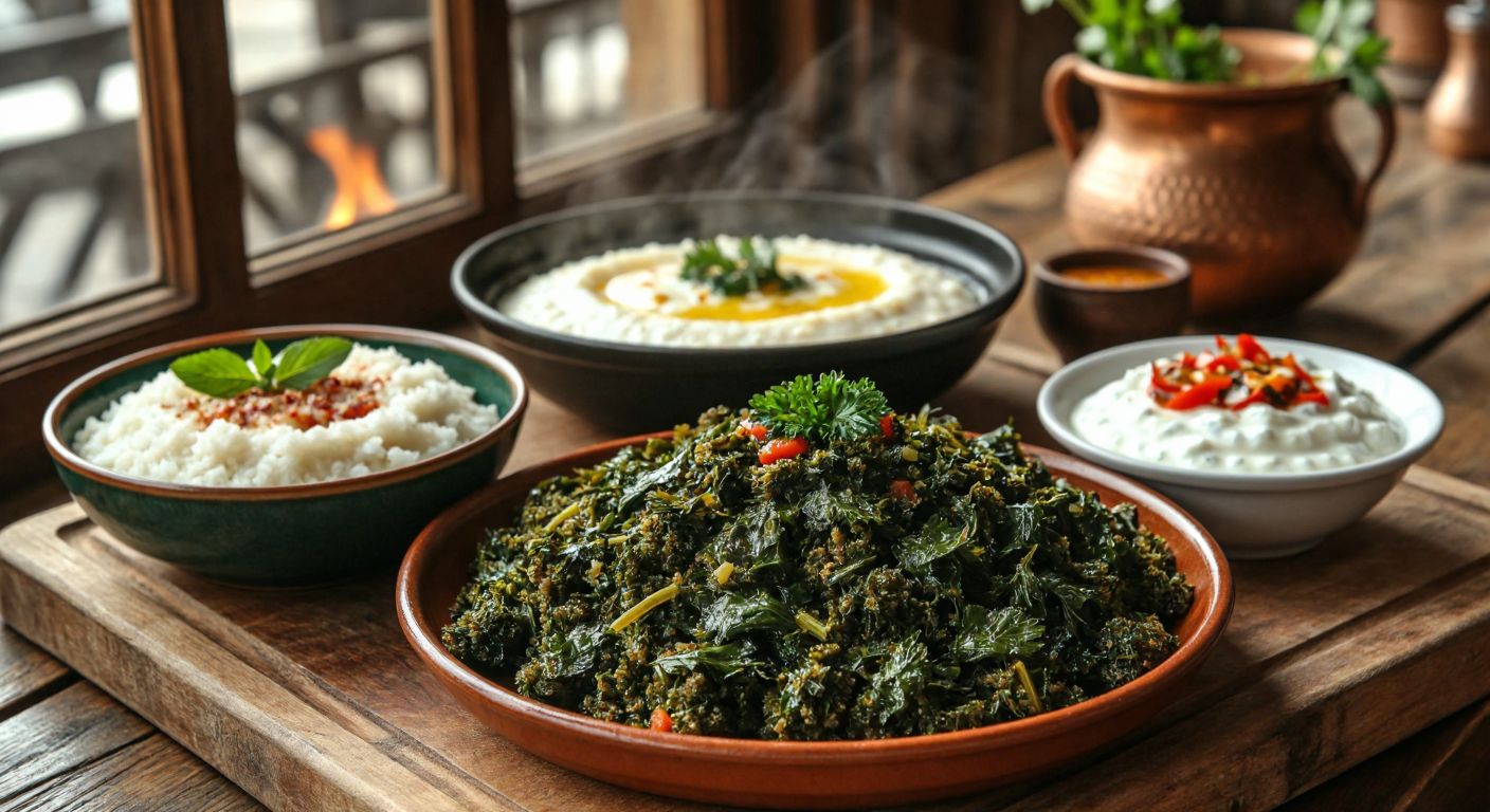 A rustic wooden table in a Turkish kitchen holds a steaming plate of sautéed nettles, accompanied by a bowl of light soup, a mound of fluffy wheat pilaf, a small dish of yogurt with melted butter and peppers, and a delicate serving of creamy milk pudding, evoking warmth and homely comfort.