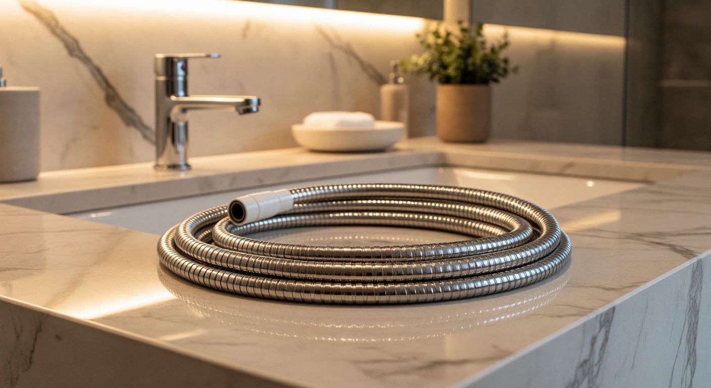 A sleek stainless steel shower hose coiled neatly beside a simple PVC one, resting on a modern Turkish bathroom's marble countertop under warm lighting.