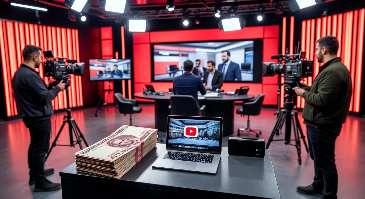 A bustling TV studio in Istanbul with cameras, a news anchor at a desk, and technicians adjusting equipment, while a stack of Turkish lira banknotes and a laptop displaying a YouTube logo sit on a nearby table.
