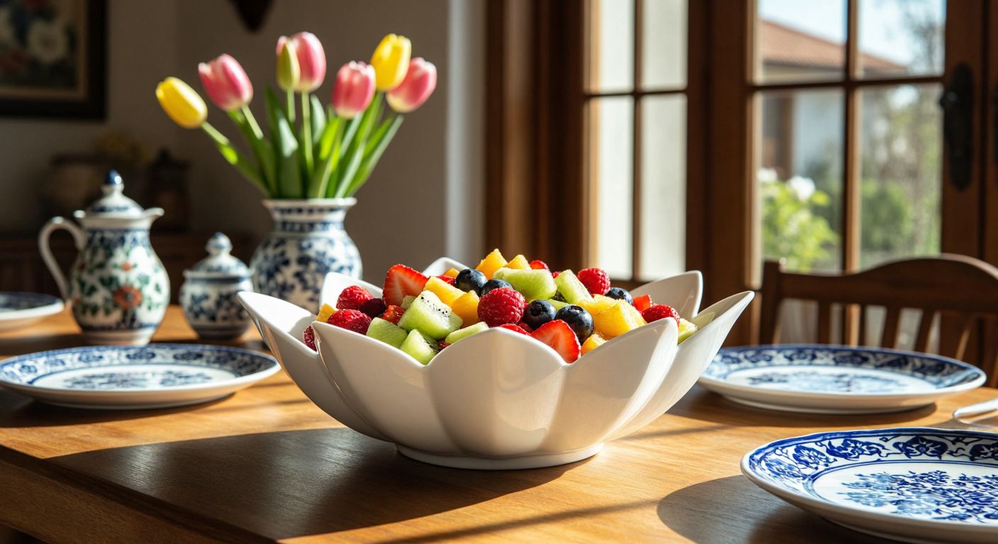 A sleek white lotus-shaped bowl filled with colorful fresh fruit salad, placed on a wooden dining table in a sunlit Turkish home, surrounded by traditional ceramic plates and a vase of tulips.