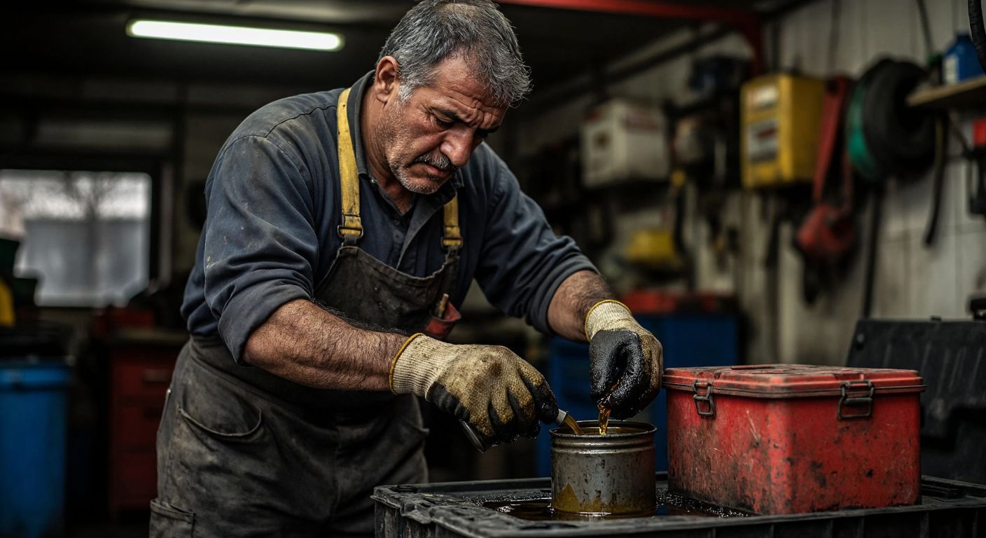 A weathered Turkish mechanic in a dimly lit garage carefully pours a thick, oily liquid (zaç yağı) from a rusted metal can into a car battery, wearing thick rubber gloves and a cautious expression.
