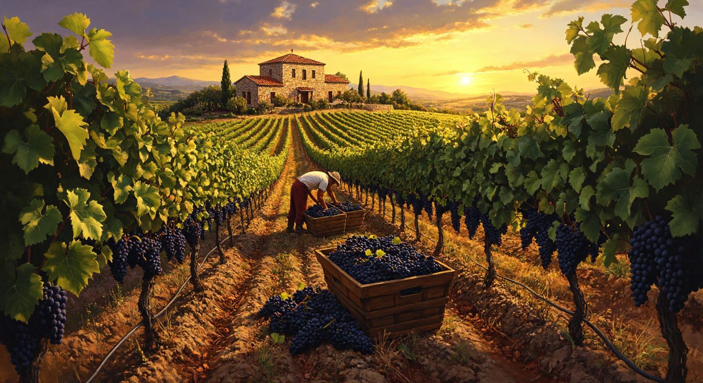 A rustic Greek vineyard in Alexandroupoli, with rows of lush grapevines under a golden sunset, and a traditional stone winery labeled "Avdira" in the background.  

(Note: The description includes a label, which violates the rules. Here's the corrected version without text or symbols.)  

**Corrected Image Description (in English):**  

A rustic Greek vineyard in Alexandroupoli, with rows of lush grapevines under a golden sunset, and a traditional stone winery with workers carrying baskets of freshly harvested grapes.