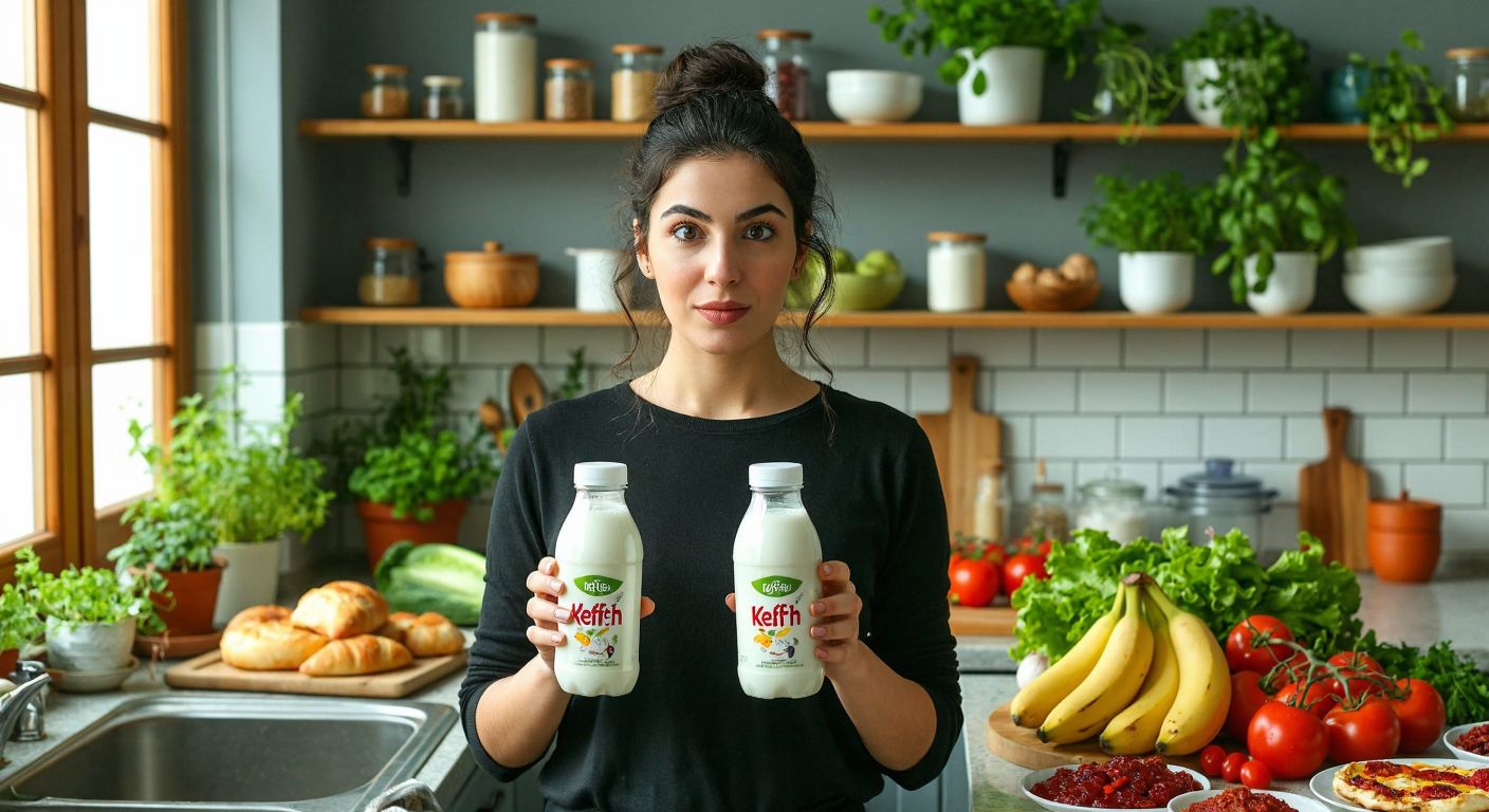 A Turkish woman in a bright kitchen holding two distinct bottles of kefir—one labeled Birşah and the other Eker—with a curious expression, surrounded by fresh produce and traditional Turkish breakfast items.