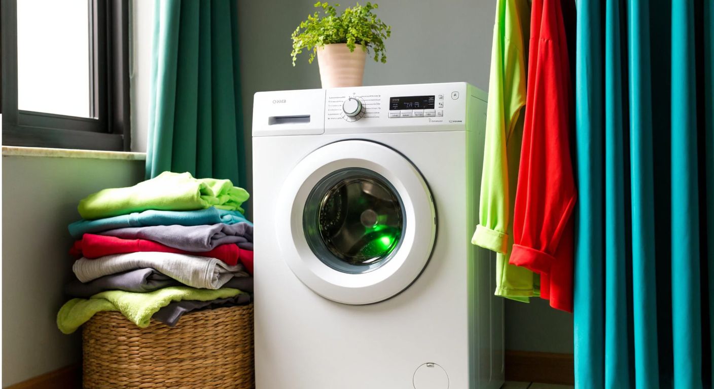 A modern white washing machine with a glowing green "eco" button sits in a sunlit Turkish laundry room, surrounded by neatly folded colorful clothes and a small potted plant on top.