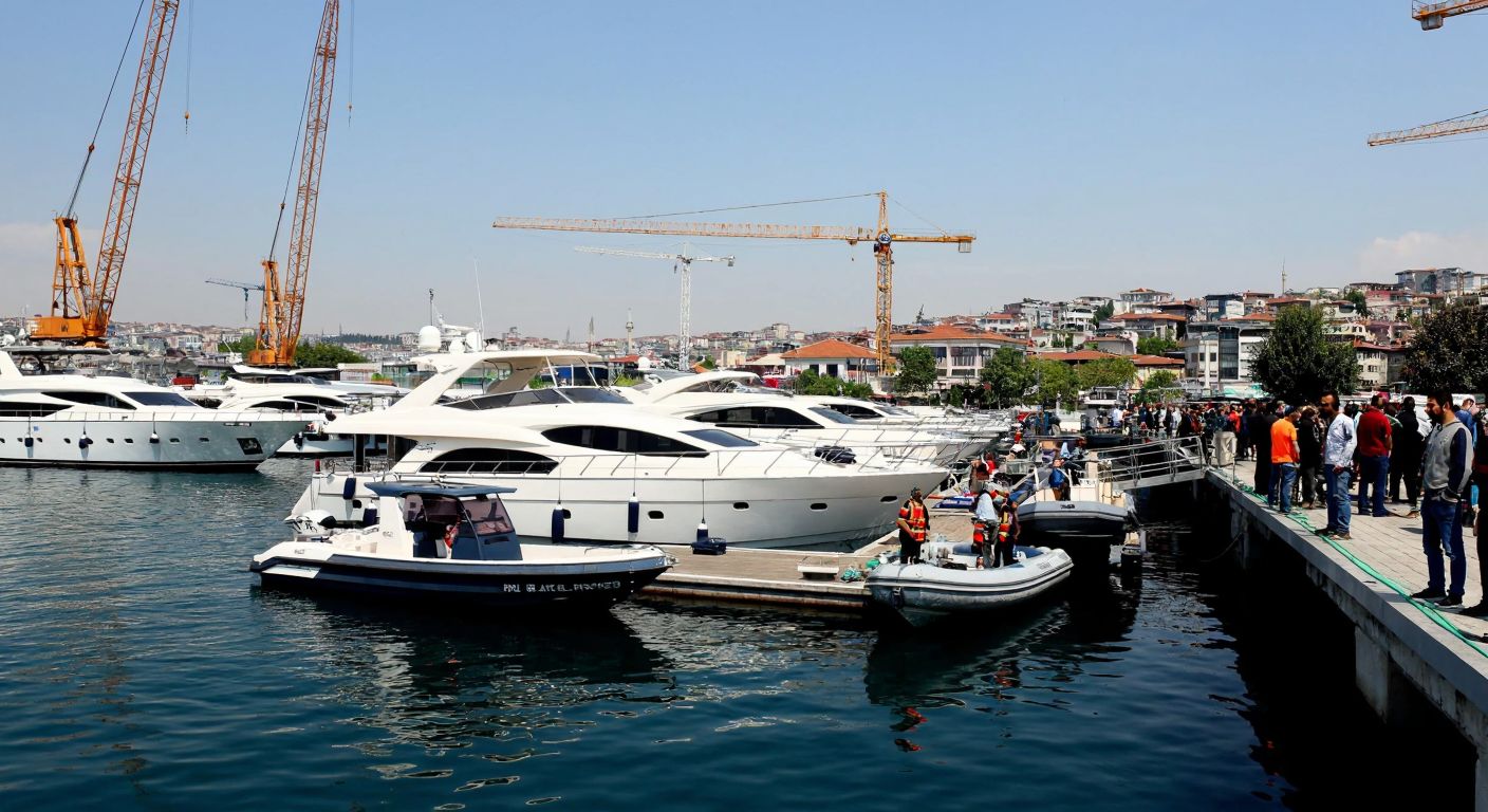 A bustling marina in Istanbul with sleek yachts docked along modern piers, construction cranes in the background, and a mix of hopeful workers and protesting locals gathered nearby.