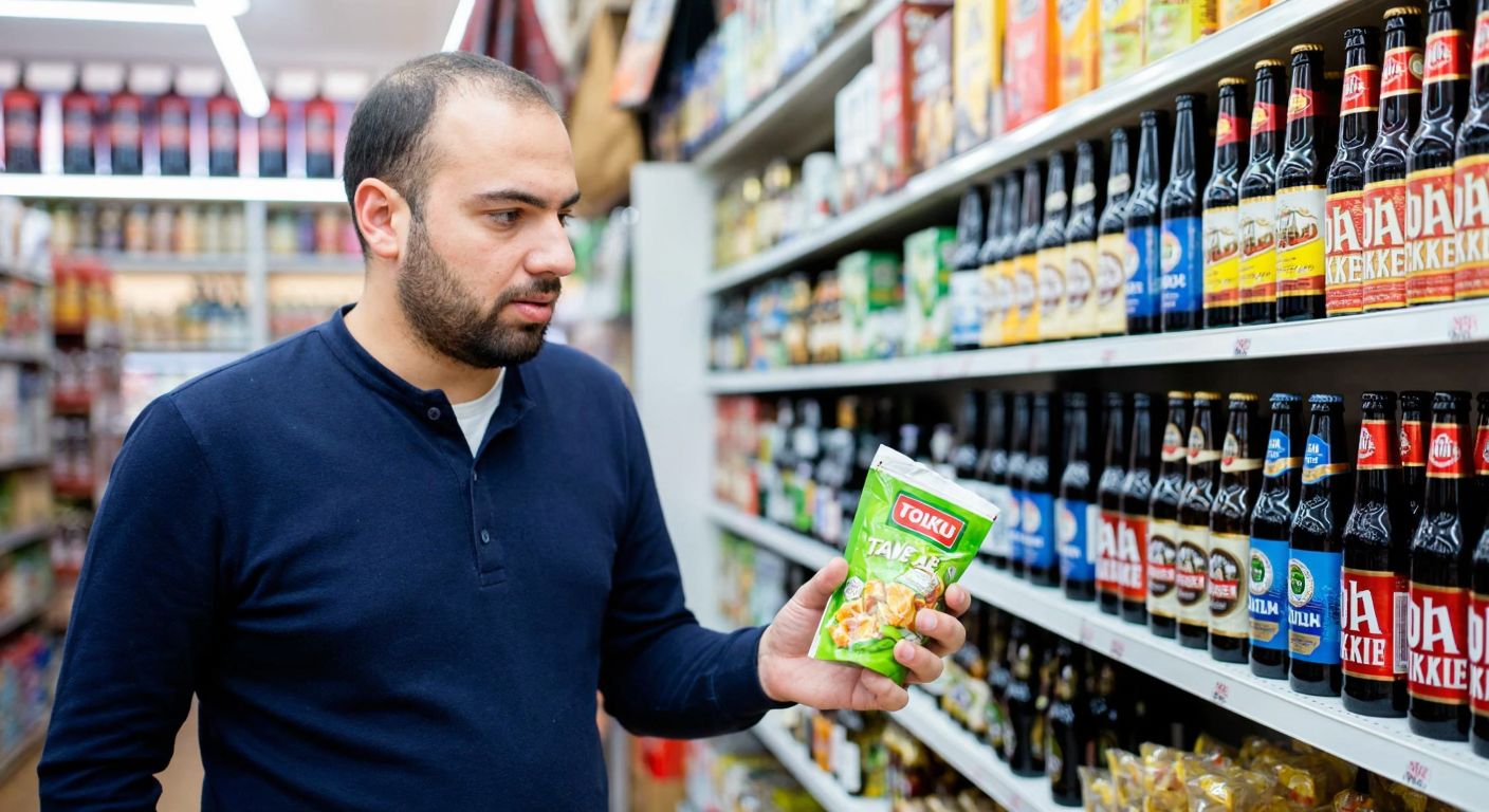 A confused man in a Turkish market holding a Torku snack package while looking at a shelf filled with various local beer brands.
