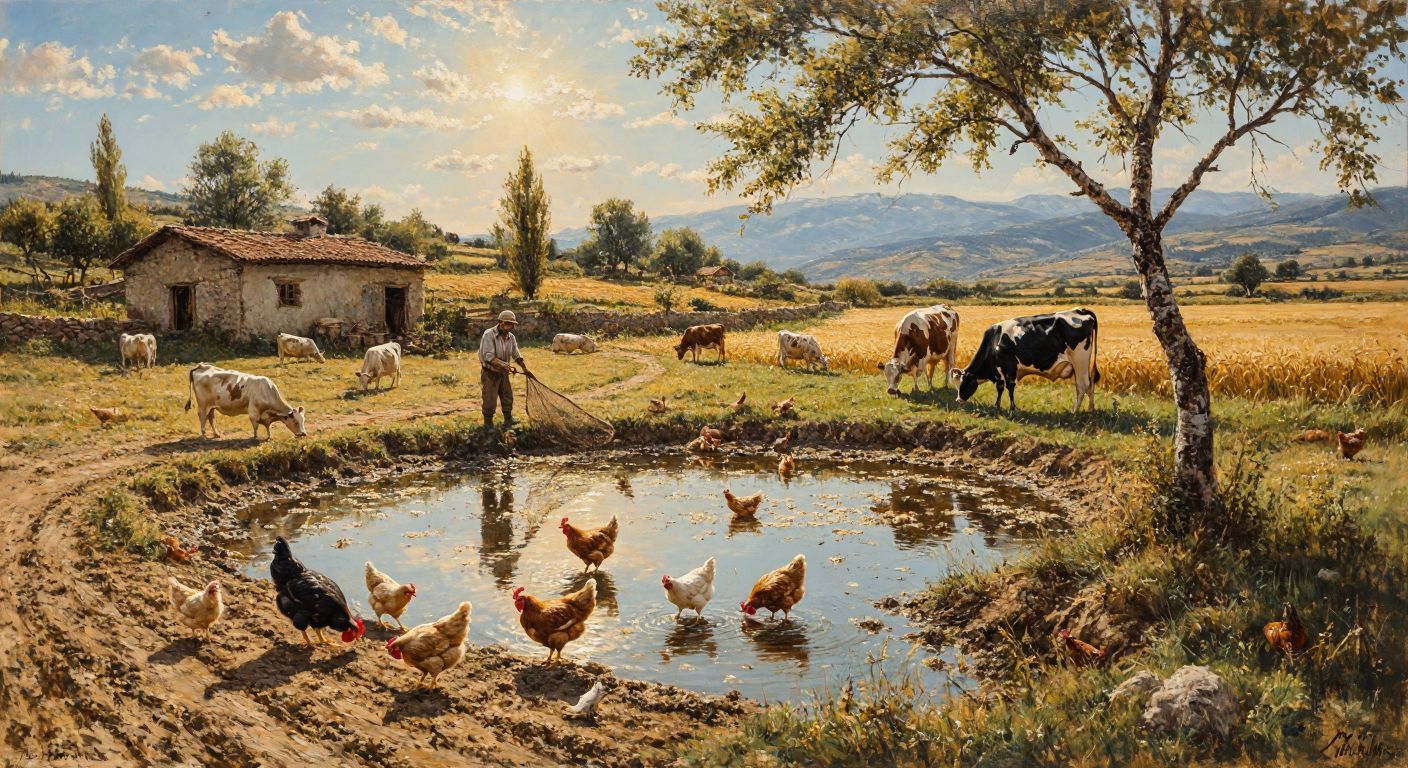 A rustic Turkish farm scene with chickens pecking at scattered wheat flour, cows grazing nearby, and a fisherman holding a net by a pond, all under a warm sun.