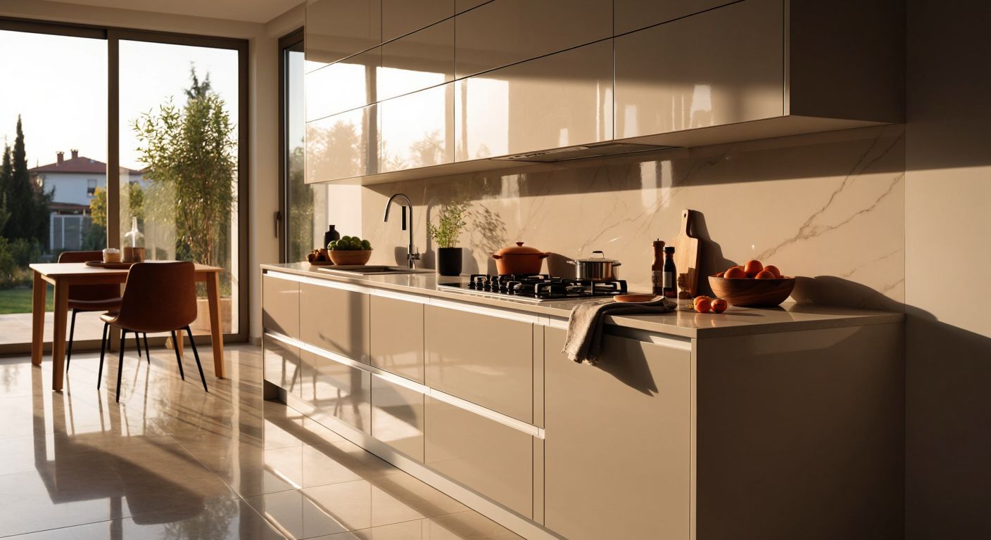 A sleek, high-gloss kitchen cabinet in a modern Turkish home reflects sunlight, showcasing its scratch-resistant, water-repellent surface while a soft cloth gently wipes away a smudge.