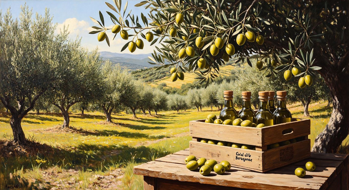 A sunlit olive grove in Burhaniye with golden-green olives hanging from branches, a rustic wooden crate filled with fresh olive oil bottles, and a traditional Turkish dairy product display nearby, evoking warmth and tradition.
