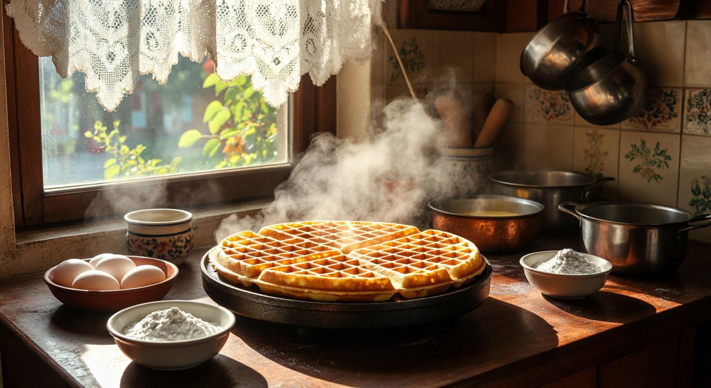 A warm Turkish kitchen with golden waffles cooking on a cast-iron waffle maker, surrounded by small bowls of baking soda, vinegar, egg whites, and yeast, while steam rises and sunlight streams through a lace-curtained window.