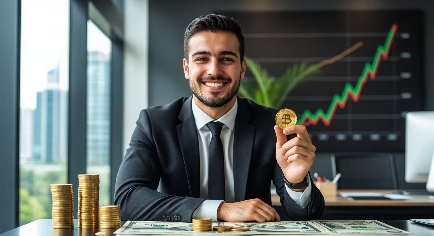 A confident Turkish businessperson in a sleek office smiles while holding a golden coin, with stacks of money and a growing graph in the background, symbolizing financial strength and growth.