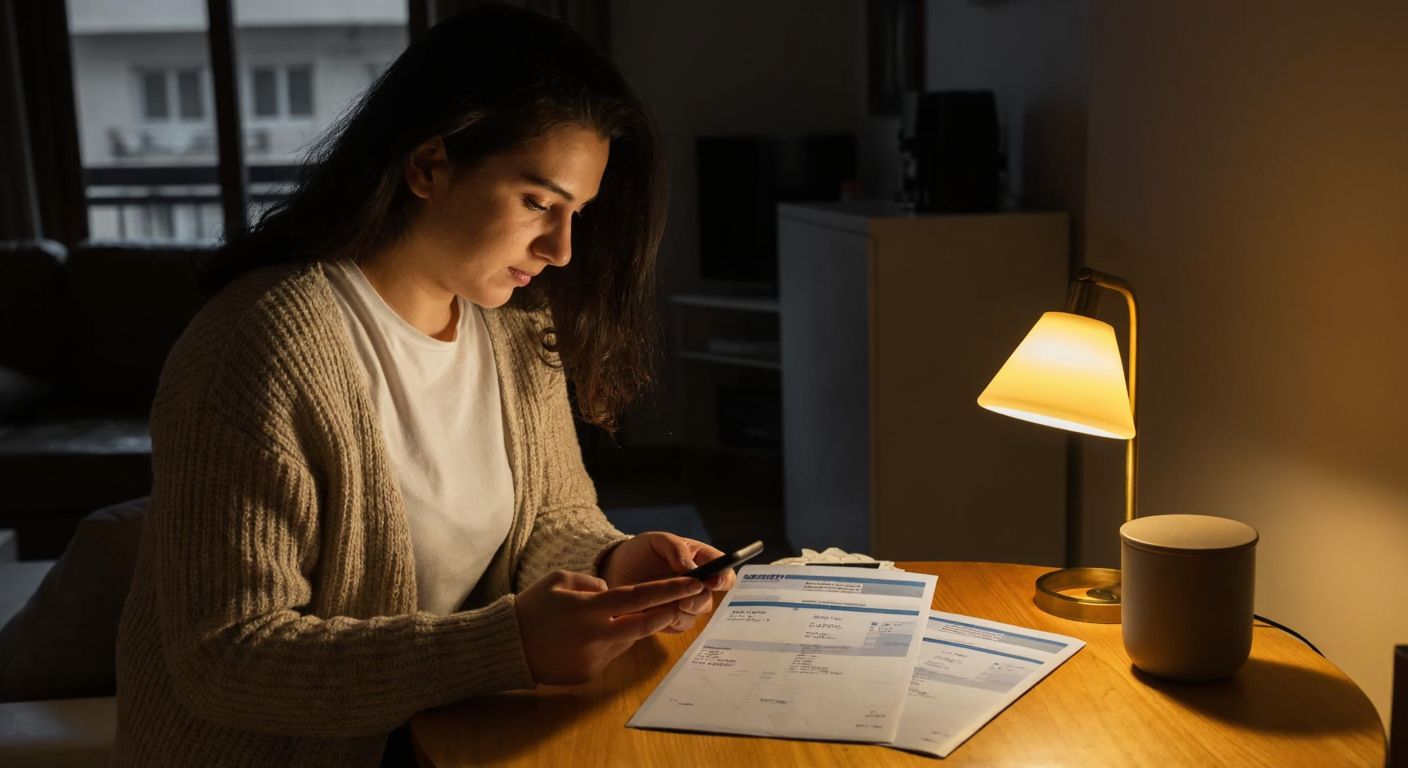 A Turkish woman in a cozy home setting holds a smartphone while pointing at a paper electricity bill on a wooden table, with a warm lamp glowing nearby.