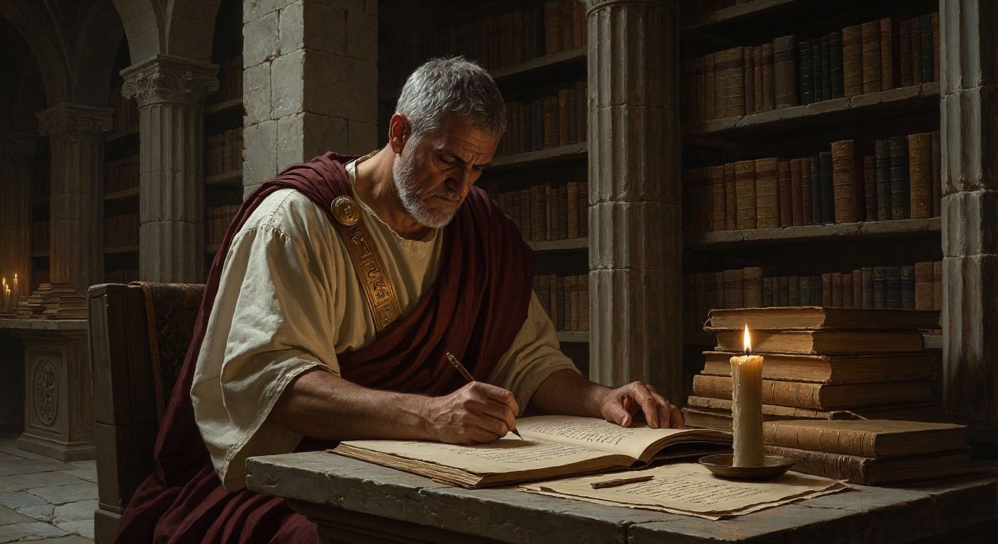 An elderly Roman scholar in a toga writes on a scroll by candlelight, surrounded by stacks of ancient manuscripts in a dimly lit stone library.
